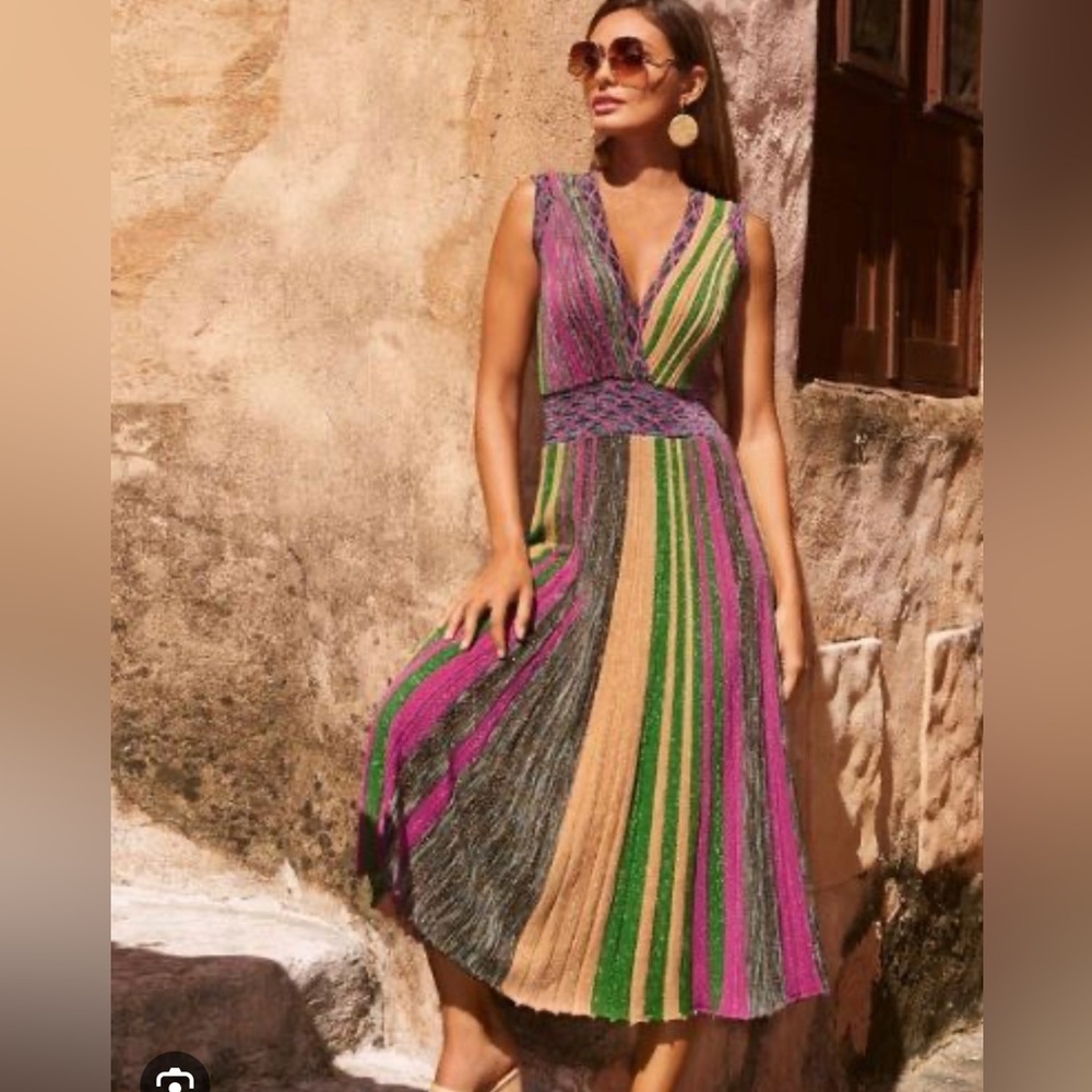 Haute Rogue Boston Proper V Neck Multi-Colored Striped/Sparkle Sweaterdress